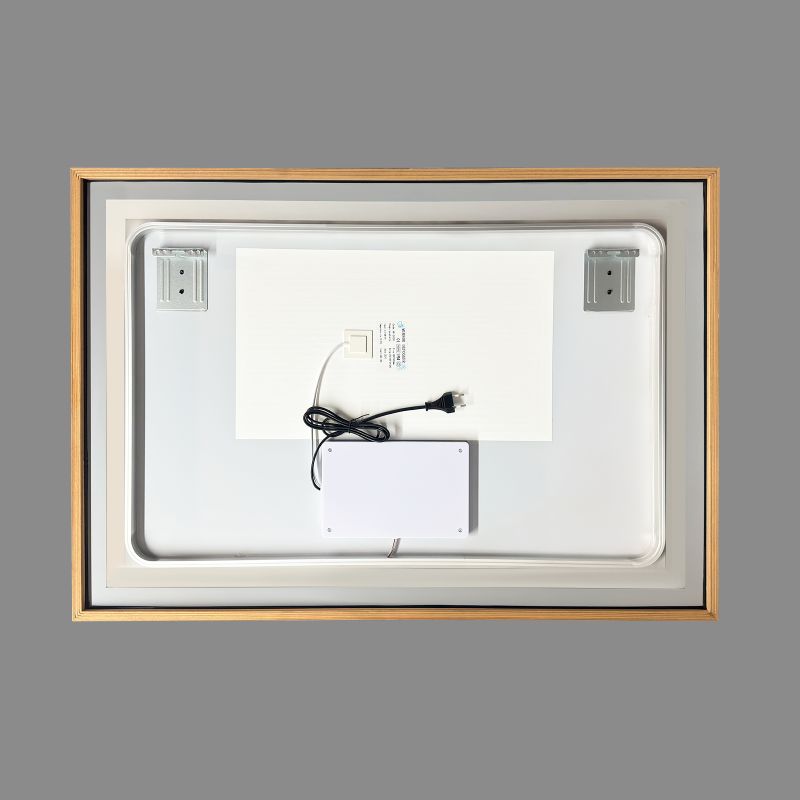 Miroir mural LED avec cadre bois: Élégant miroir mural rectangulaire avec éclairage LED intégré et cadre en bois.