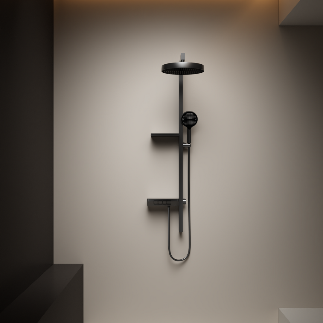 Colonne de douche moderne multifonction gris métalisé : Colonne de douche moderne multifonction noire avec pomme de douche à effet pluie, douchette à main et étagère.
