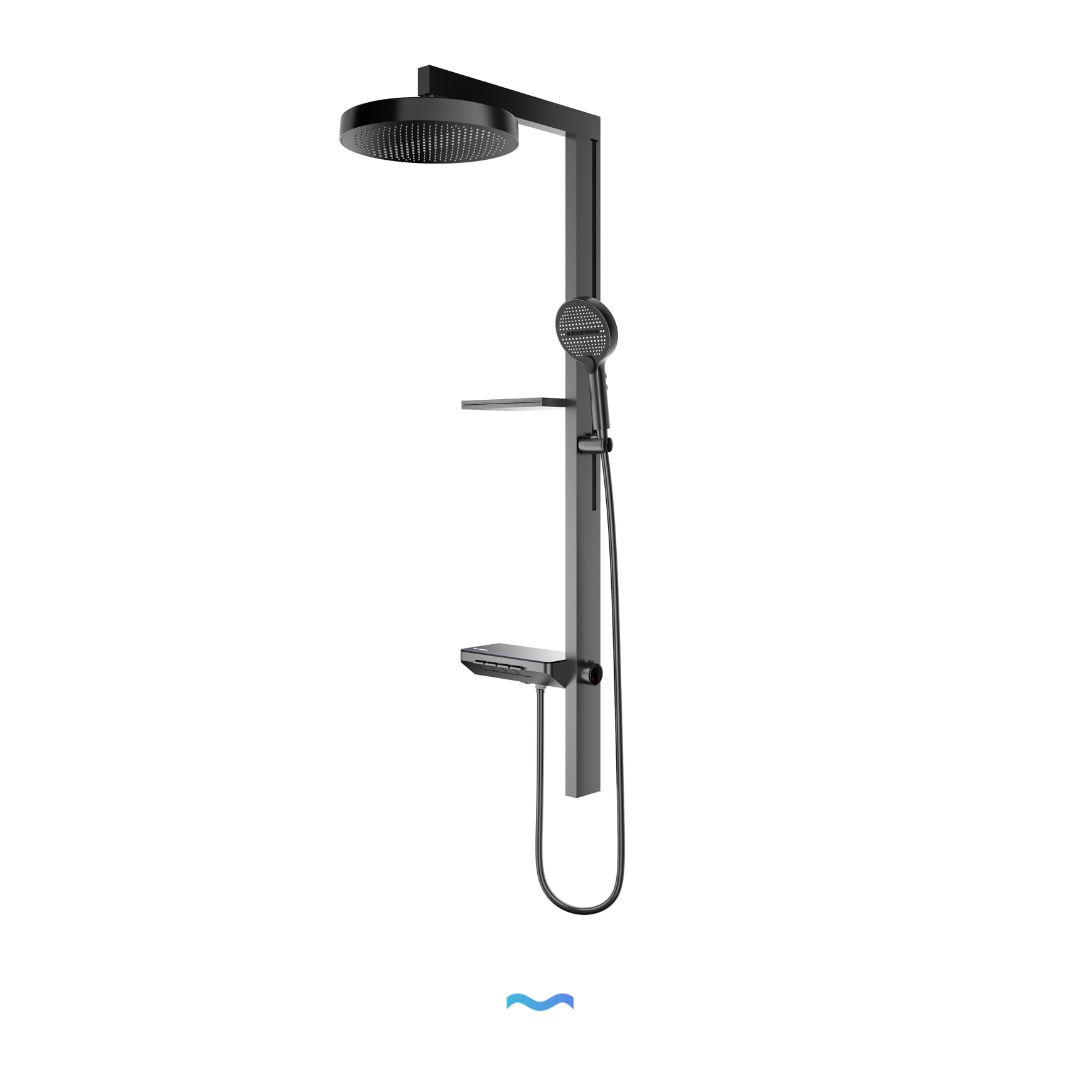 Colonne de douche moderne multifonction gris métallisé avec douche à effet pluie, pommeau de douche à main et étagère intégrée