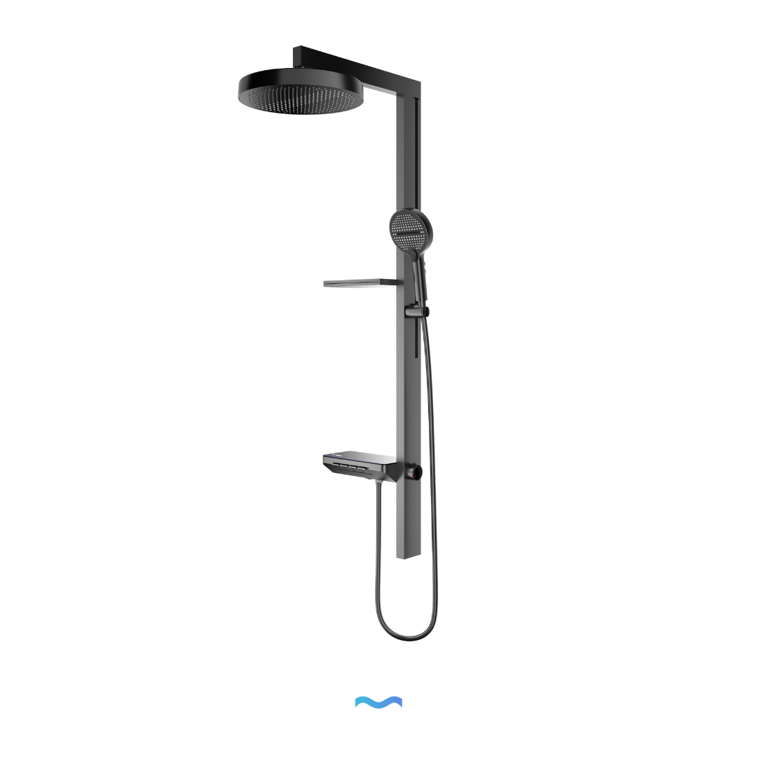 Colonne de douche moderne multifonction gris métallisé avec douche à effet pluie, pommeau de douche à main et étagère intégrée