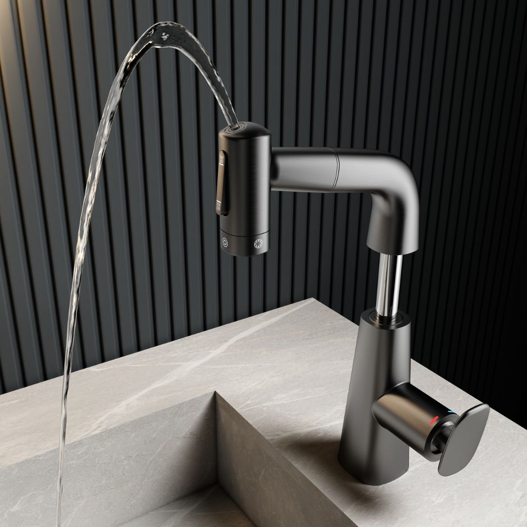 Robinet multifonction salle de bain gris métallisé : Robinet de salle de bain gris métallisé moderne au design épuré et au bec à arc élevé, offrant un débit d'eau élégant et fonctionnel.