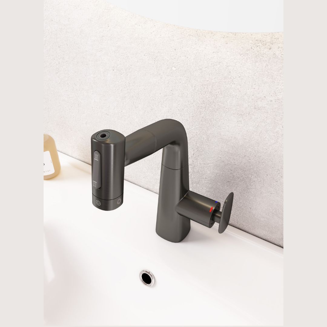 Robinet multifonction salle de bain gris métallisé : Robinet de salle de bain moderne gris métallisé avec poignée à levier unique et commandes intégrées.