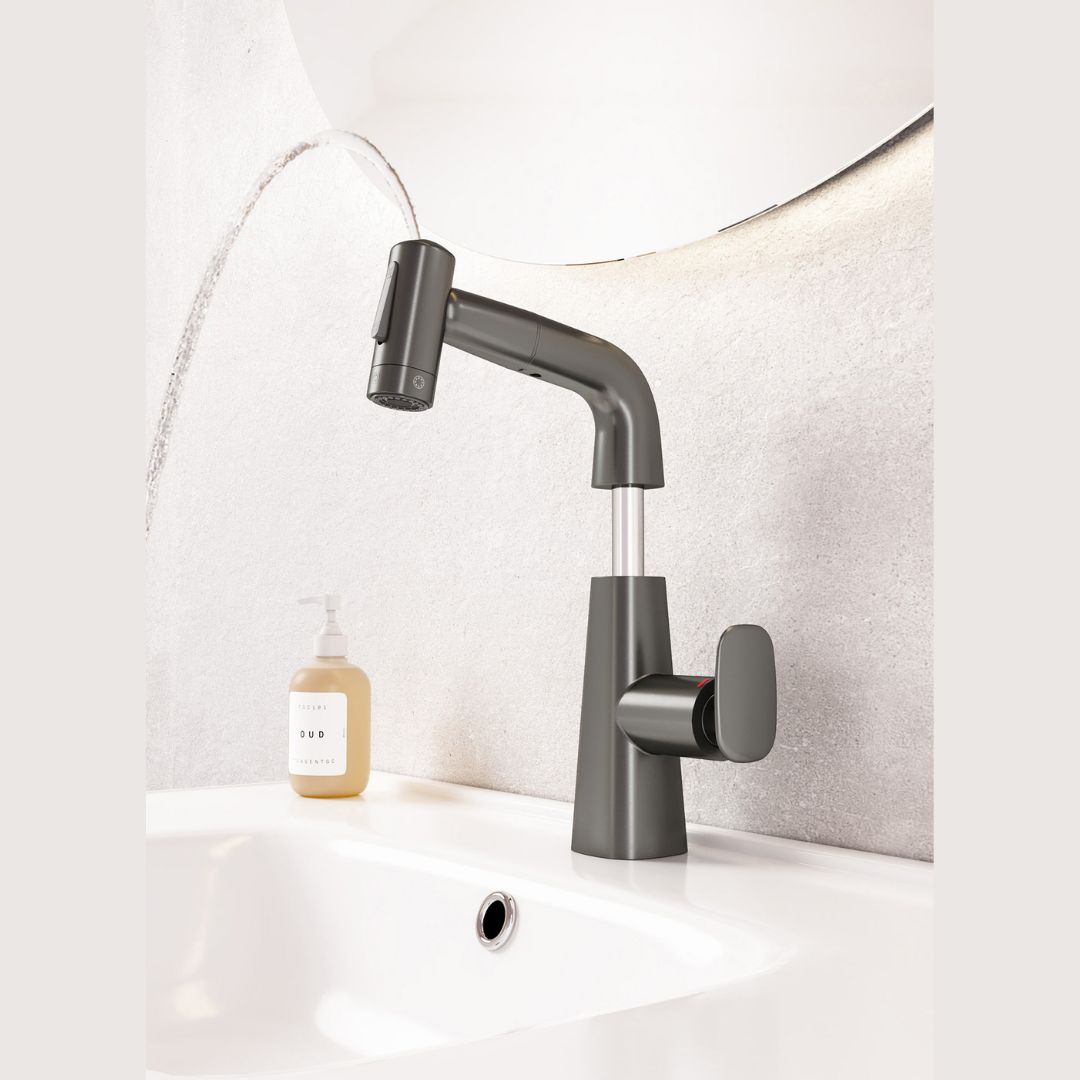 Robinet multifonction salle de bain gris métallisé : Robinet de salle de bain moderne gris métallisé avec douchette extractible et levier latéral.