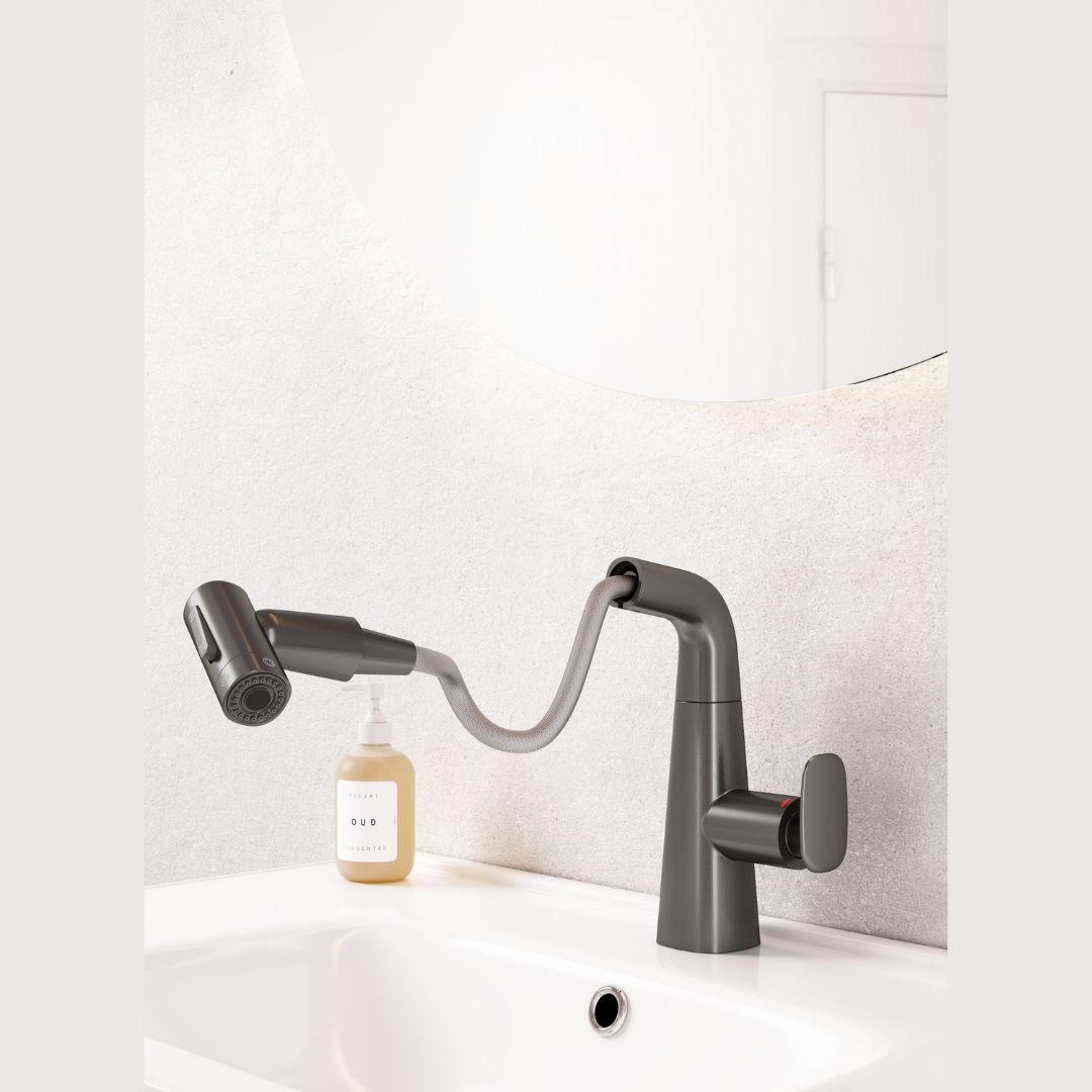 Robinet multifonction salle de bain gris métallisé : Robinet de salle de bain moderne gris métallisé avec douchette extractible et flexible.