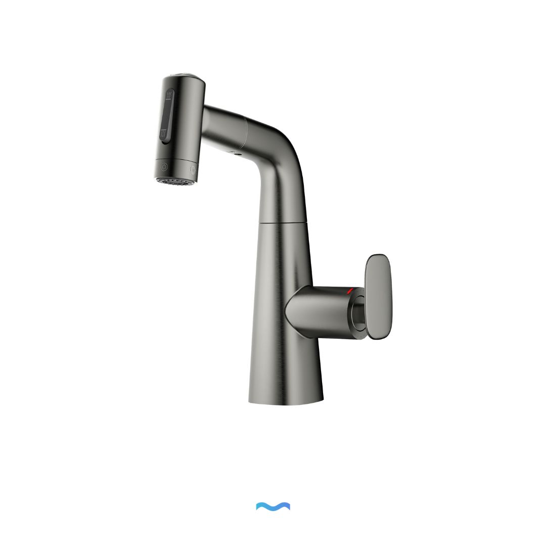 Robinet multifonction salle de bain gris metalisé: Modern metallic gray bathroom faucet with separate hot/cold water controls.