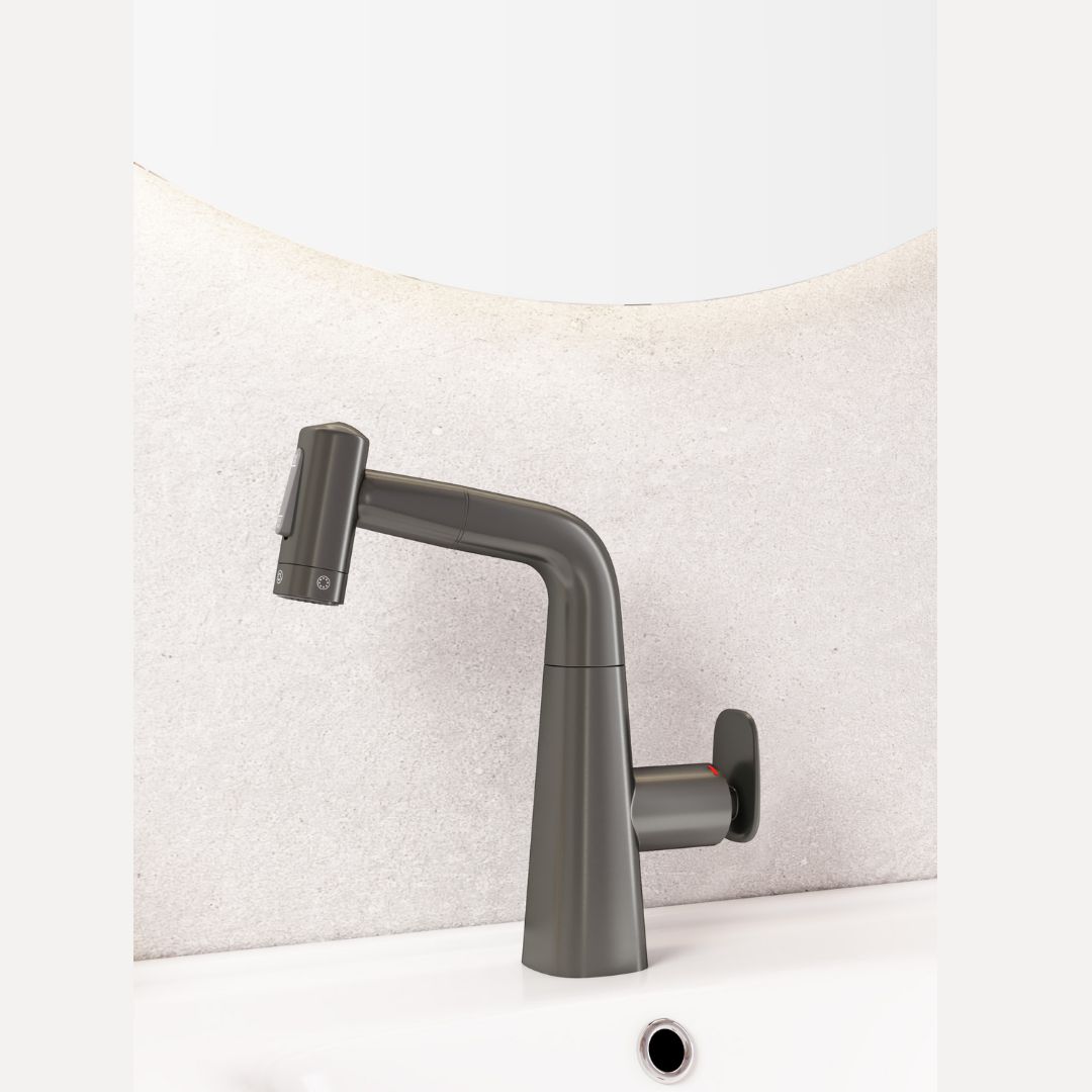 Robinet multifonction salle de bain gris metalisé: Modern metallic gray bathroom faucet with sleek design and separate handle.