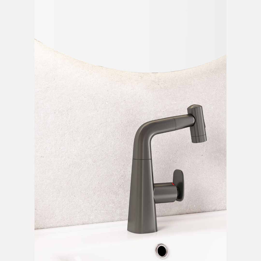 Robinet multifonction salle de bain gris metalisé: Modern metallic gray bathroom faucet with sleek, minimalist design.