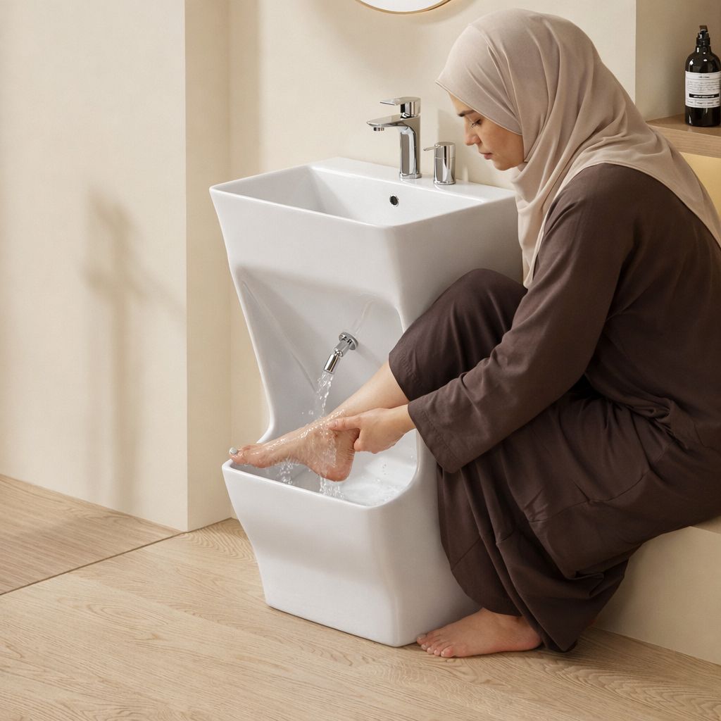 Lavabo d'ablutions Tunis design rectangulaire : femme effectuant ses ablutions dans un lavabo blanc moderne.