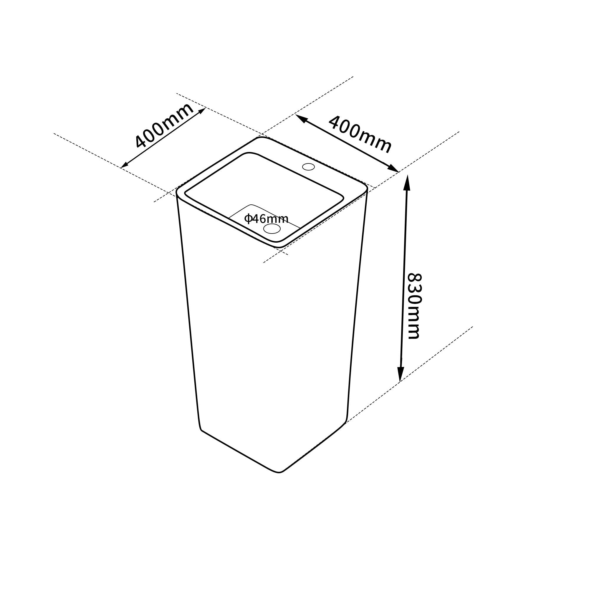 Lavabo Totem blanc carrée arrondie : Lavabo sur colonne moderne blanc carré arrondi d'angle, 400mm x 400mm, 830mm de hauteur.