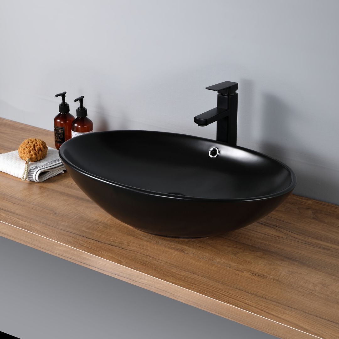 Vasque ovale en céramique noire, meuble de salle de bain moderne