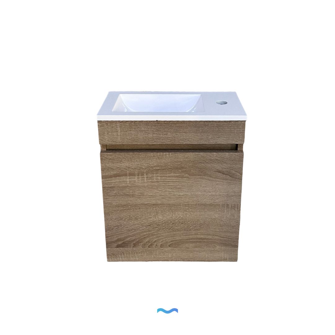 Meuble-lavabo compact aspect bois avec lavabo intégré