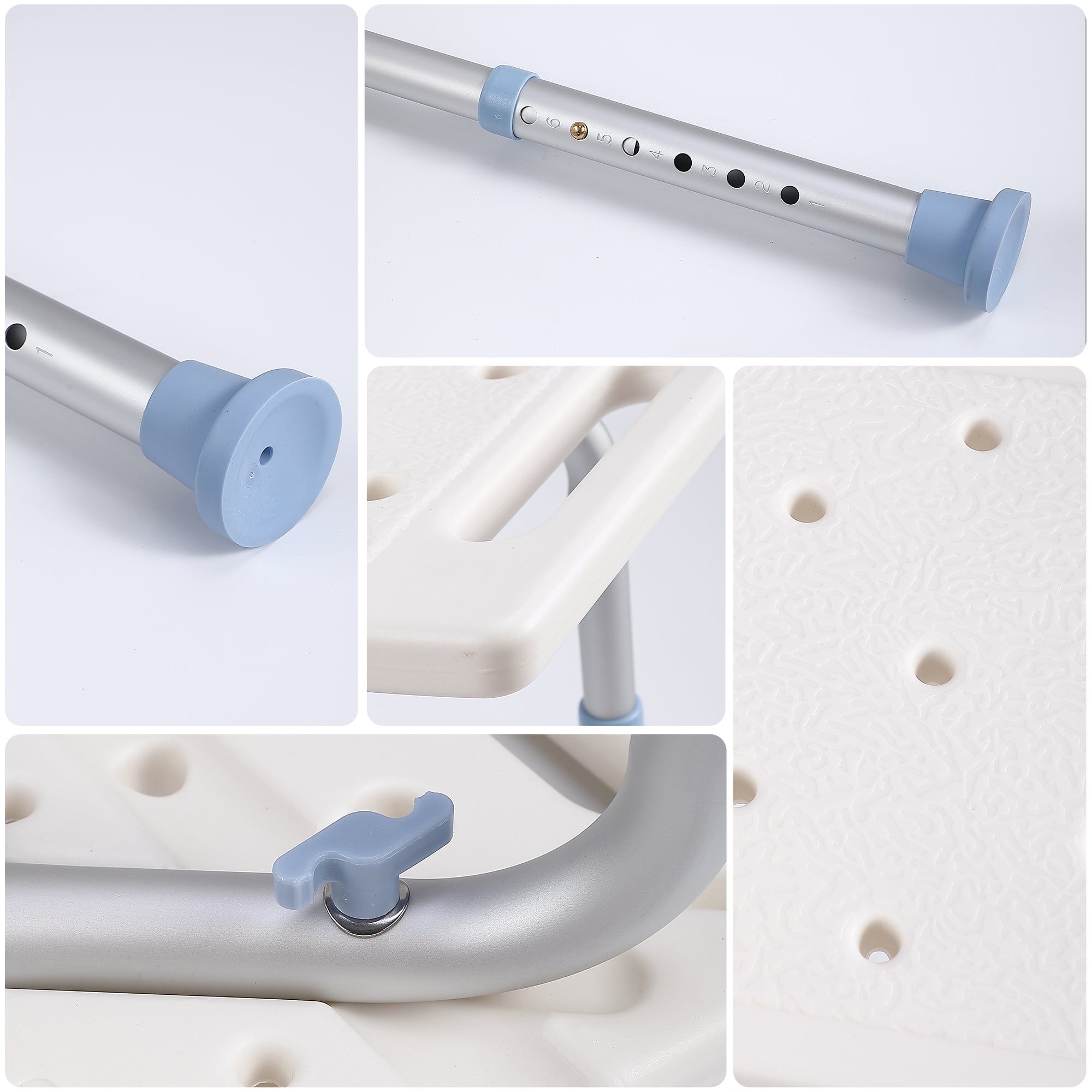 Chaise de douche réglable avec pieds réglables en hauteur et assise antidérapante. Idéale pour les seniors et les personnes à mobilité réduite.