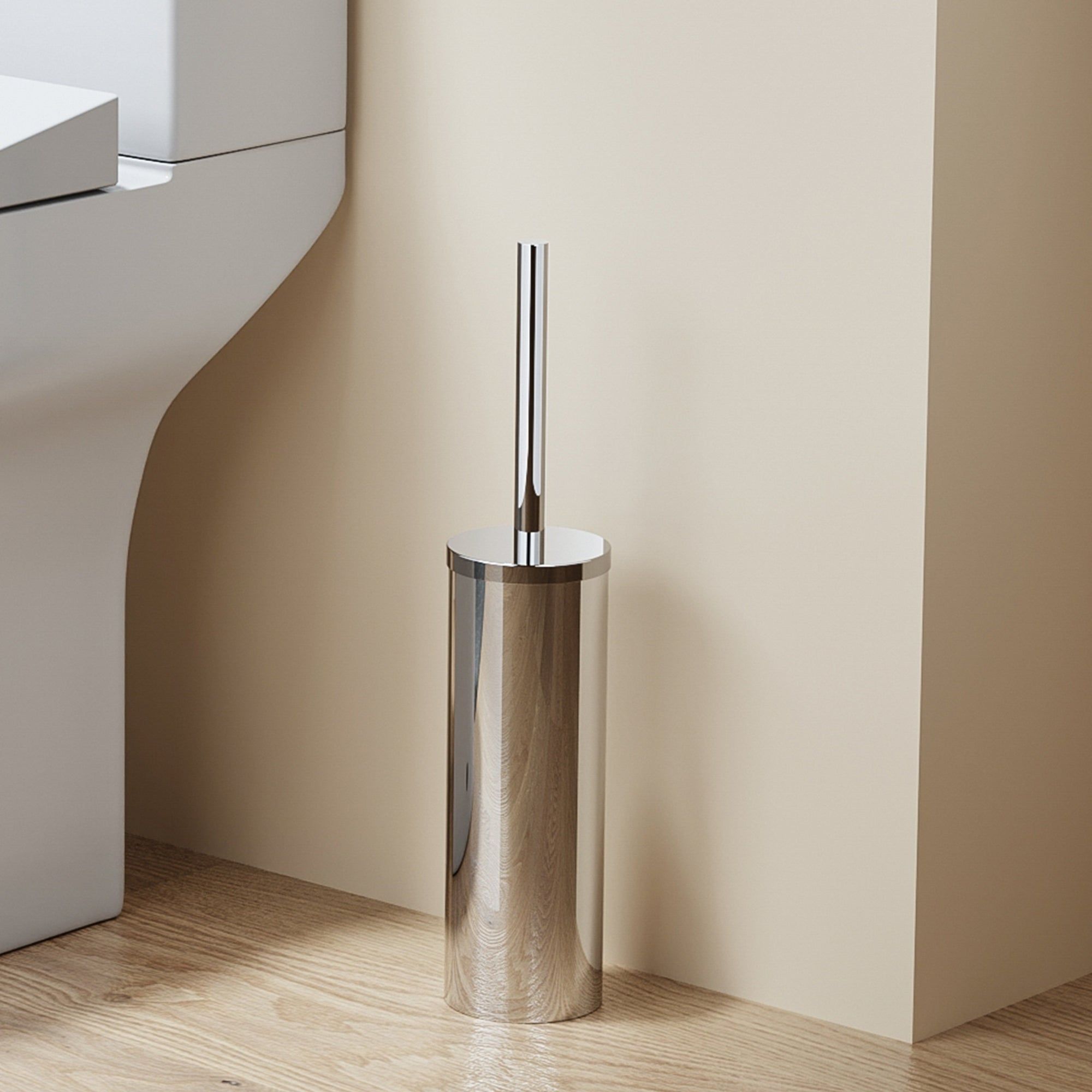 Brosse WC ronde en acier inoxydable, finition chrome, avec couvercle pour un design moderne