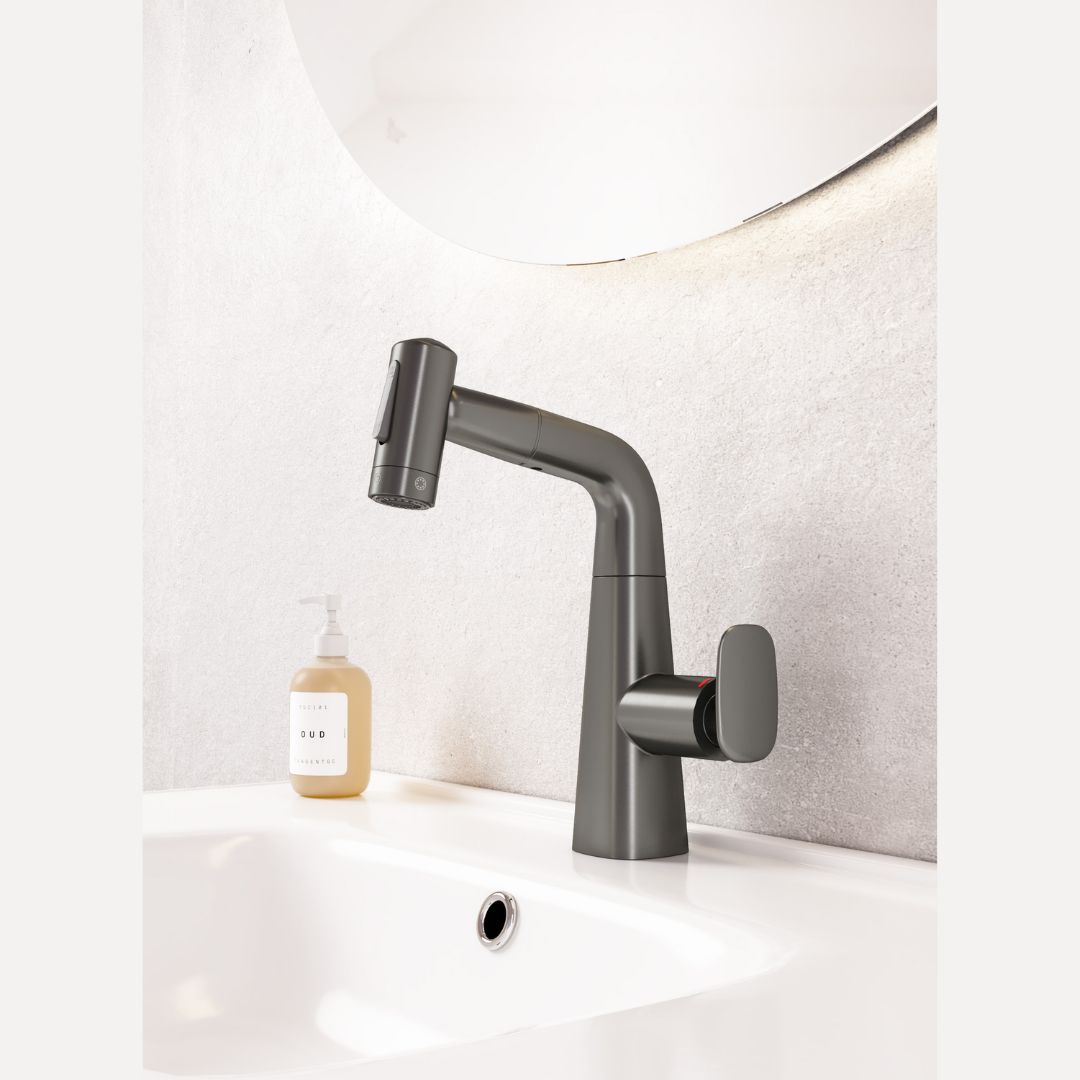 Robinet multifonction salle de bain gris metalisé: Modern metallic gray bathroom faucet with pull-out spray and sleek design.