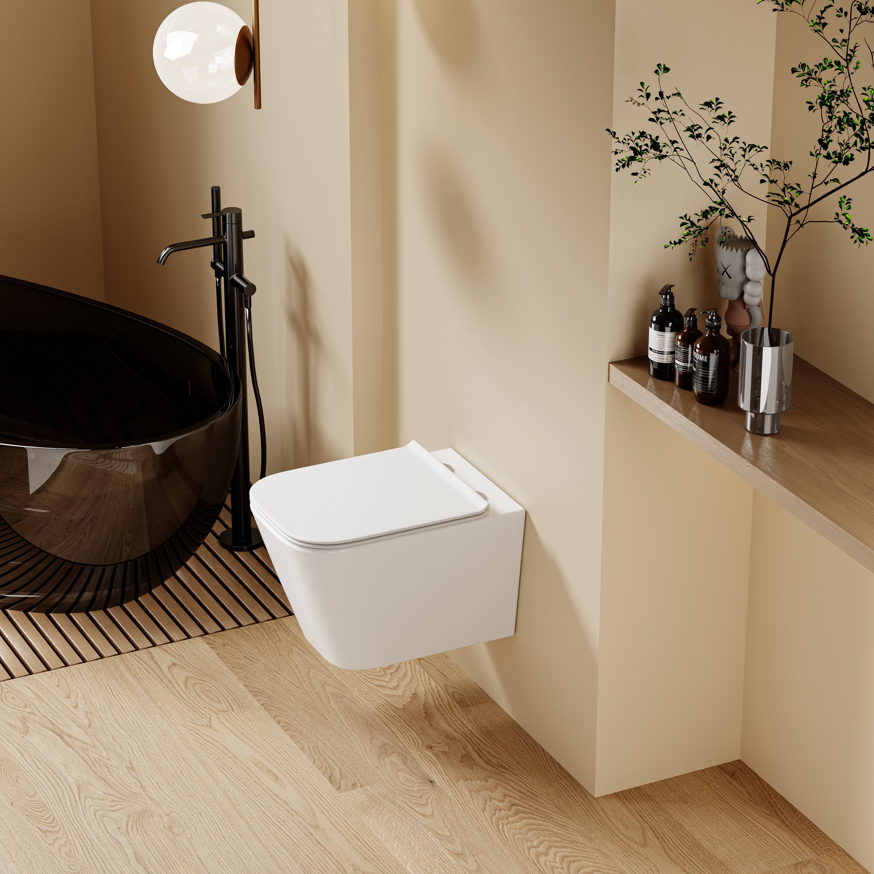 WC suspendu blanc LUNE de forme carrée arrondie avec abattant Soft Close et dimensions 51,5x35x32 cm.