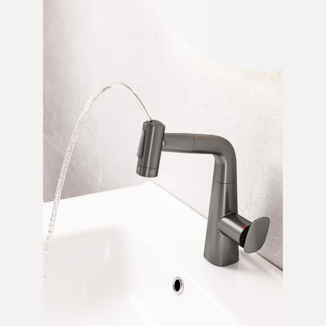 Robinet multifonction salle de bain gris metalisé: Modern metallic gray bathroom faucet with a high-arc spout and separate handle.
