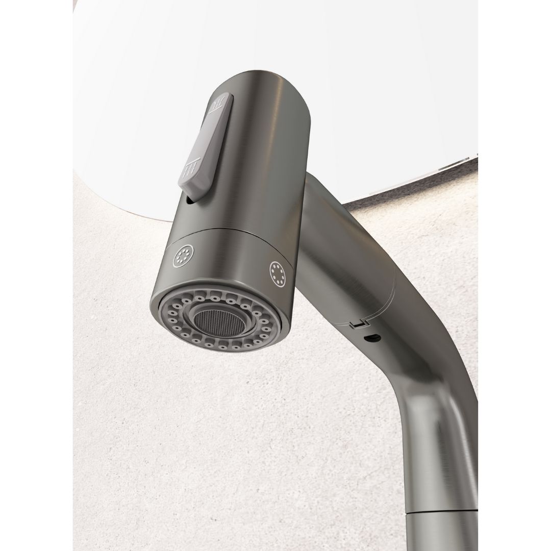 Robinet multifonction salle de bain gris métallisé : Buse de pulvérisation pour évier de cuisine gris métallisé avec fonction extractible et double réglage de pulvérisation.