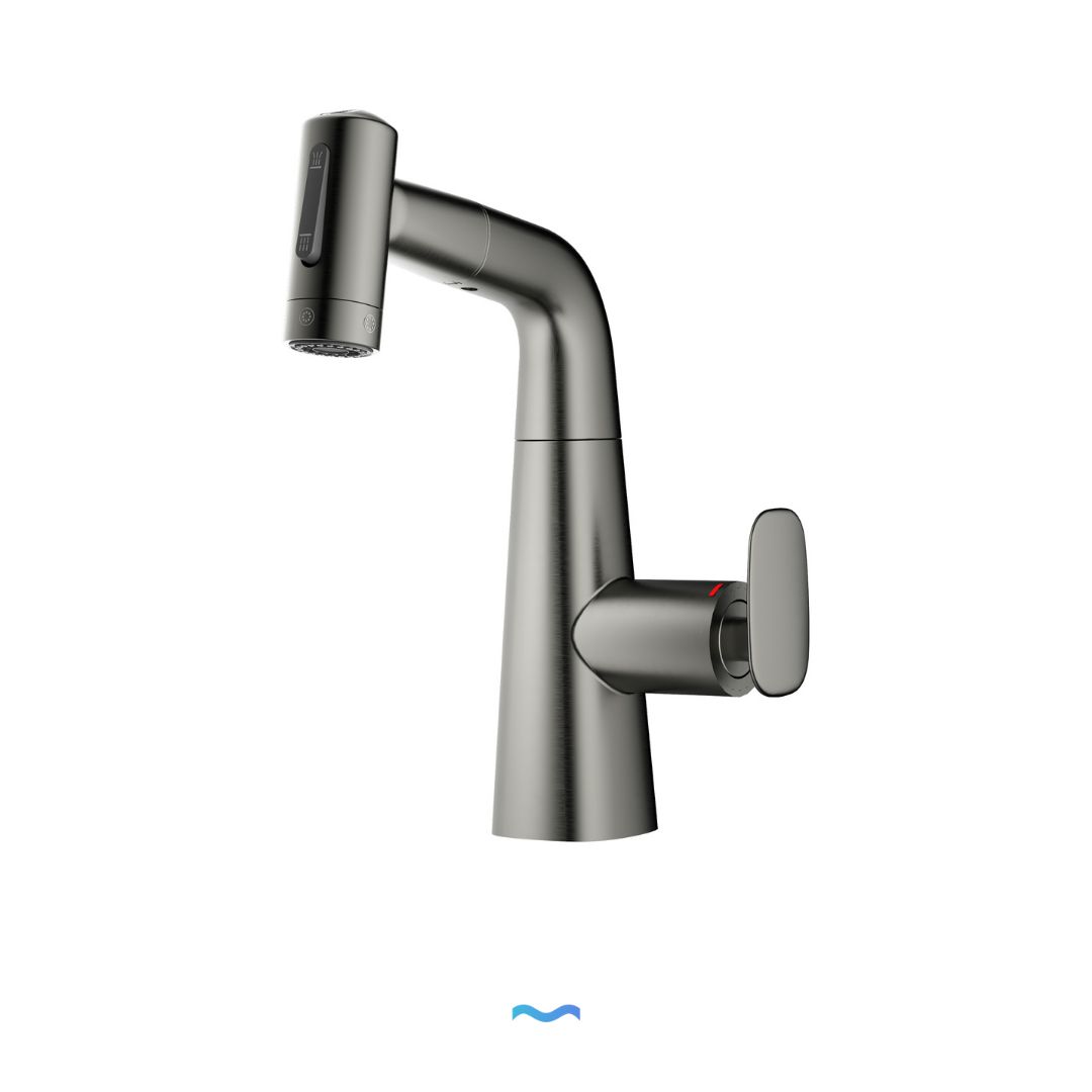 Robinet multifonction salle de bain gris metalisé: Modern metallic gray bathroom faucet with single lever handle and pull-out spray.