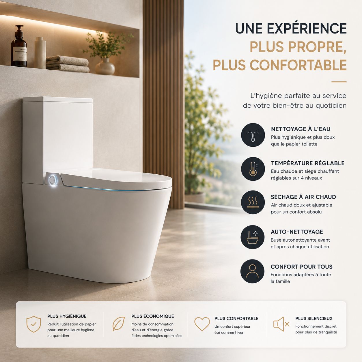 WC Intelligent Japonais T5 : toilette moderne avec fonctions hygiène, séchage, auto-nettoyage et confort.