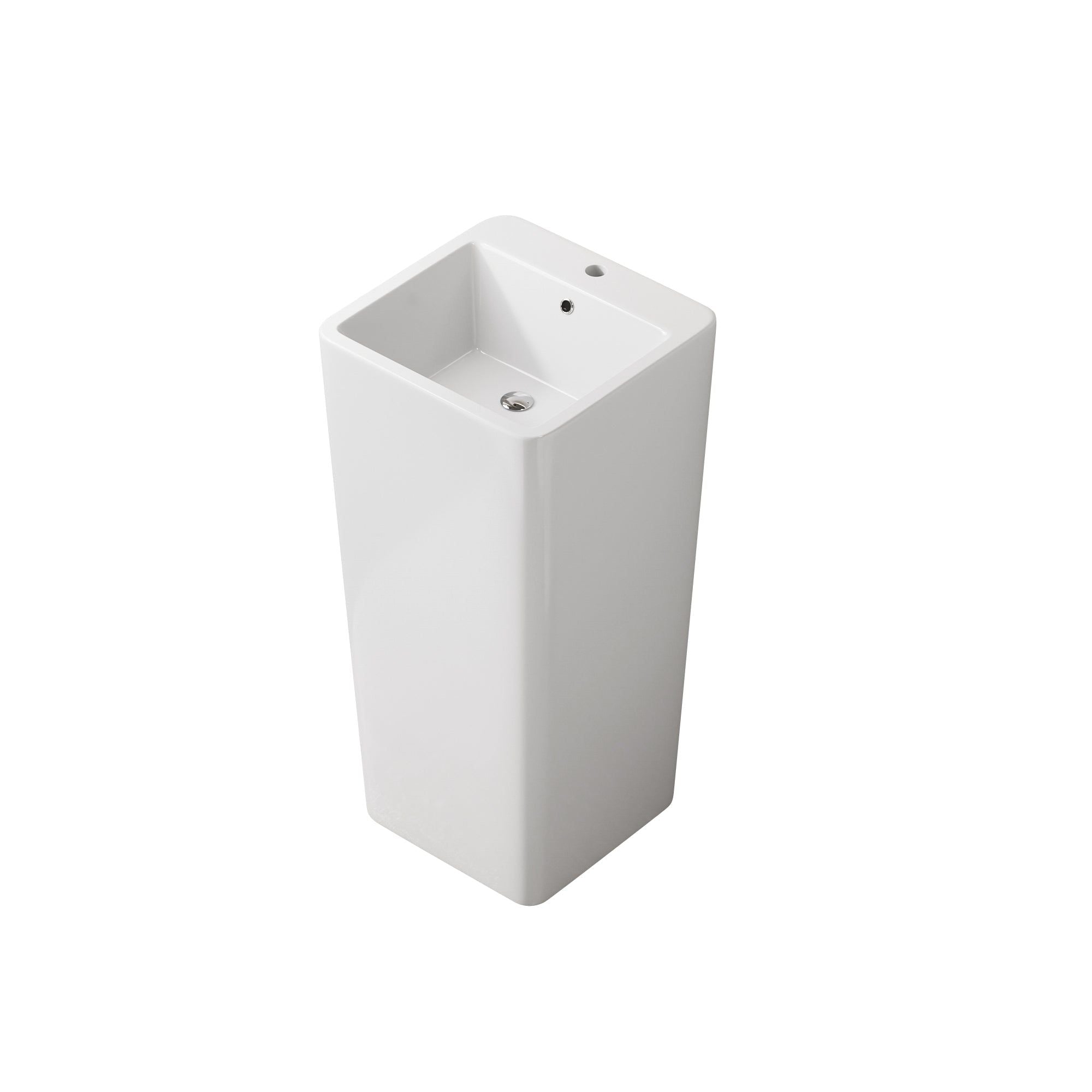 Lavabo Totem blanc carrée arrondie : Lavabo sur pied carré blanc moderne aux coins arrondis