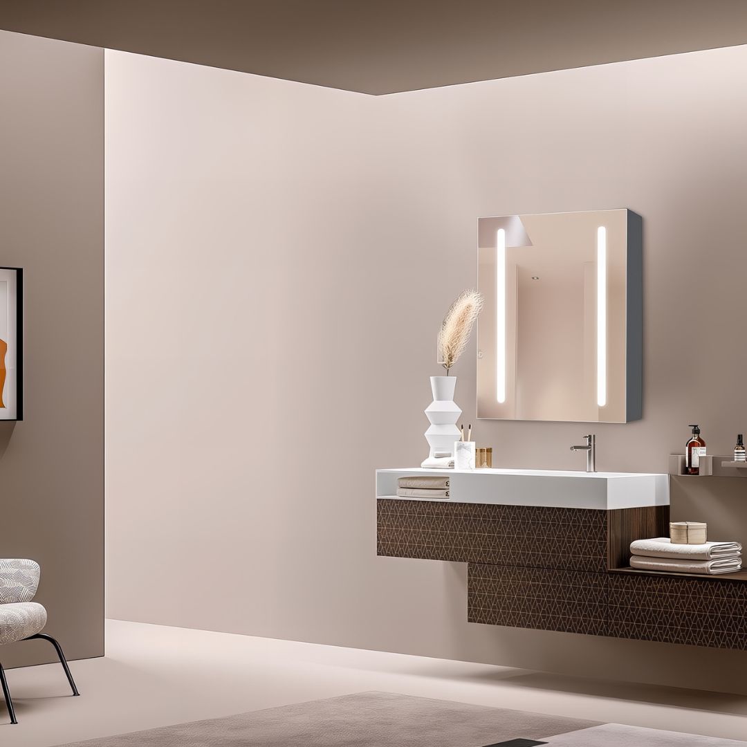 Armoire de toilette avec miroir LED, 55x15x65cm, design moderne, fixation murale, avec rangement intégré