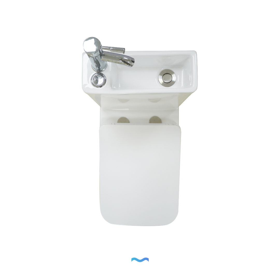 WC à poser avec lave-mains intégré et robinet blanc