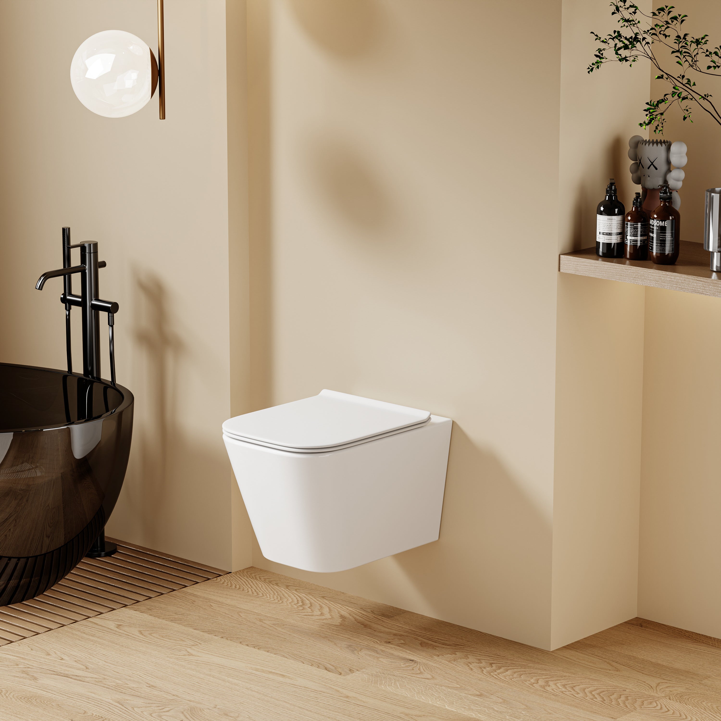 WC suspendu blanc LUNE, forme carrée arrondie, dimensions 51,5x35x32 cm, avec abattant Soft Close.