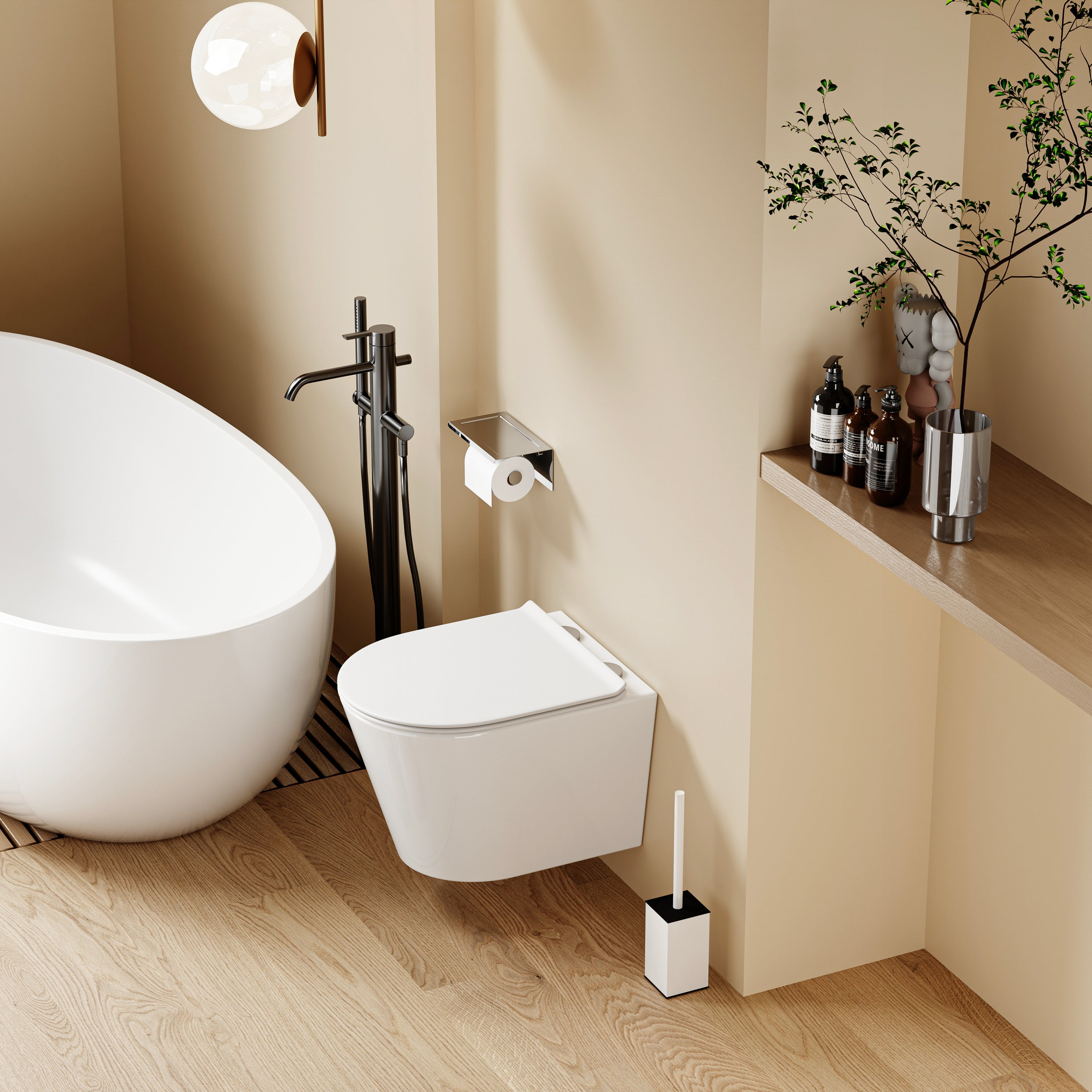 WC suspendu blanc SOLEIL au design moderne, avec abattant Soft Close et finition mate.