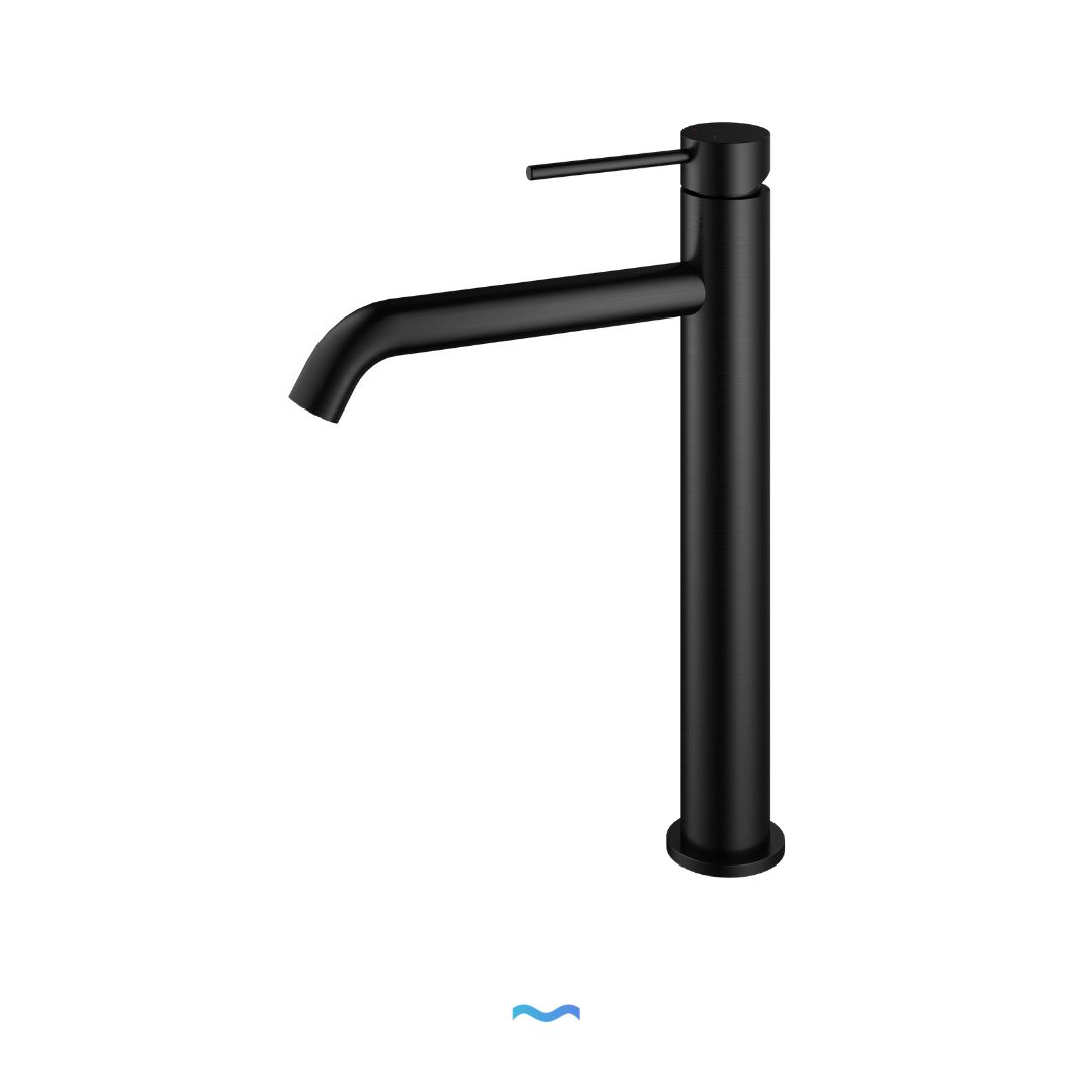 Robinet de cuisine haut noir mat avec bec haut et poignée à levier unique.