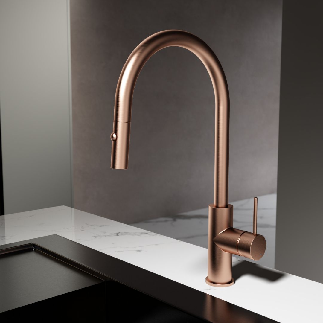 Robinet de cuisine en cuivre : design moderne en forme d'arc, finition en cuivre brossé, poignée à levier unique