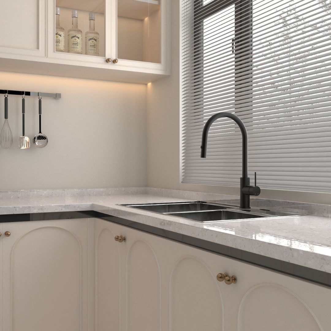 Robinet de cuisine noir mat, design moderne, installation double évier