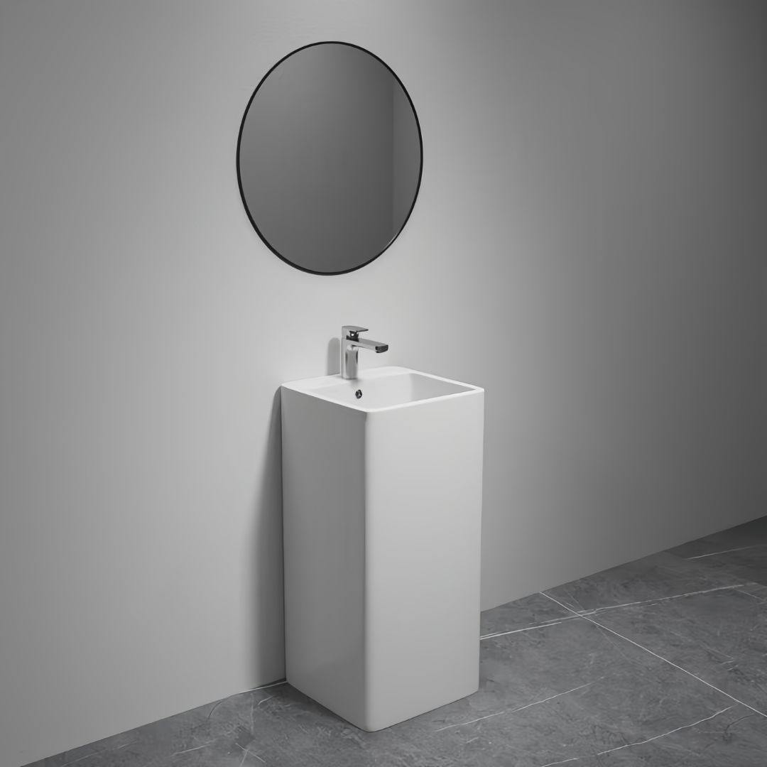 Lavabo Totem blanc carrée arrondie : Lavabo sur colonne carré blanc moderne avec coins arrondis et robinet chromé