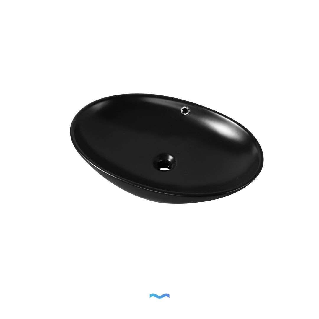 Vasque à poser Ovale Noir en céramique: Elegant black ceramic oval vessel sink for bathroom vanity.