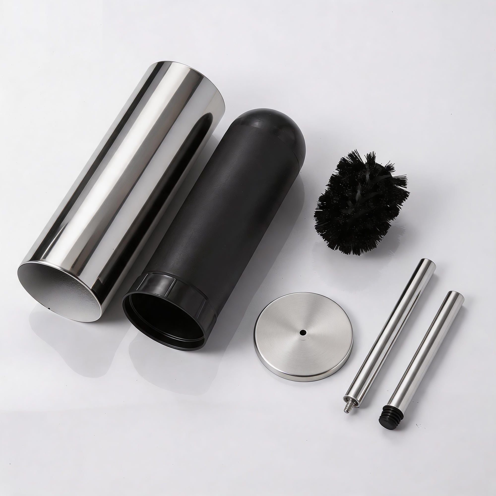 Brosse WC ronde en acier inoxydable avec couvercle, design moderne, finition chrome