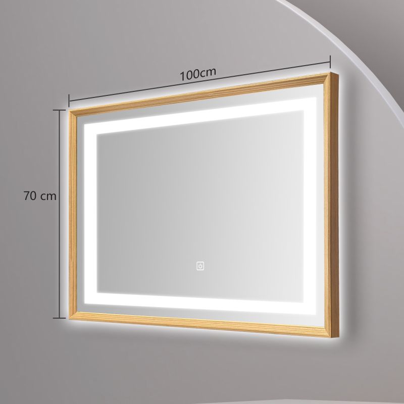 Miroir mural LED avec cadre bois : miroir de salle de bain éclairé 100 cm x 70 cm avec cadre en bois doré
