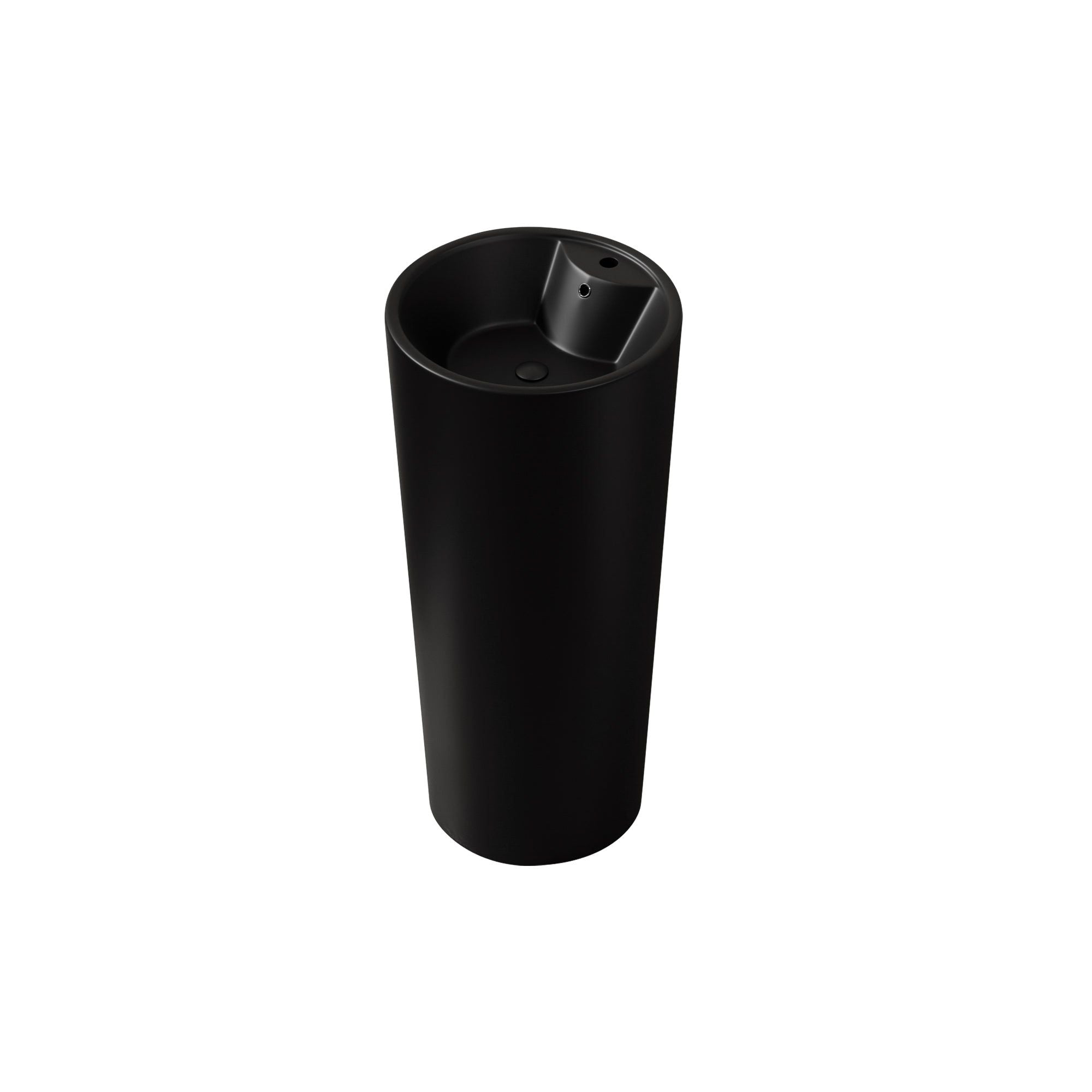 Lavabo Totem Design Rond et Épuré Noir: Sleek black cylindrical pedestal sink with a round basin.