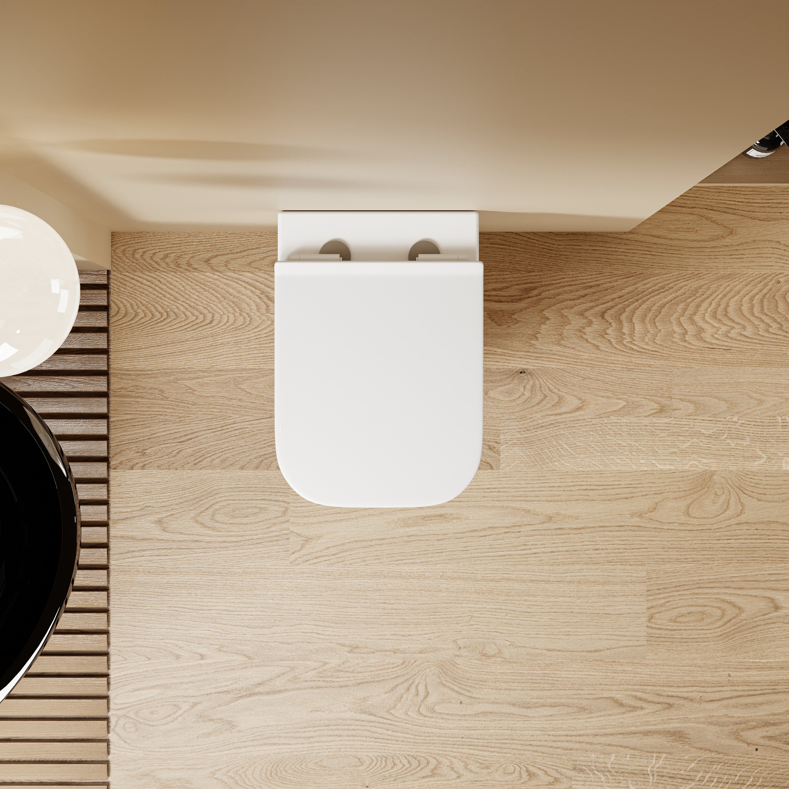 WC suspendu blanc carré arrondi LUNE, 51,5 cm, avec abattant Soft Close, vue de dessus.