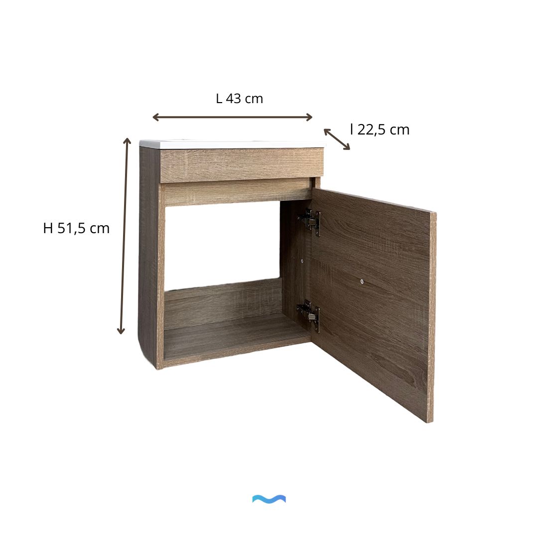 Meuble de salle de bain compact aspect bois avec lavabo intégré, 43 cm de large, 51,5 cm de haut, 22,5 cm de profondeur.