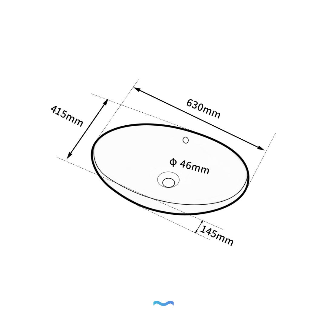 Vasque à poser Ovale Noir en céramique: Black ceramic oval countertop sink, 630x415x145mm, 46mm drain.