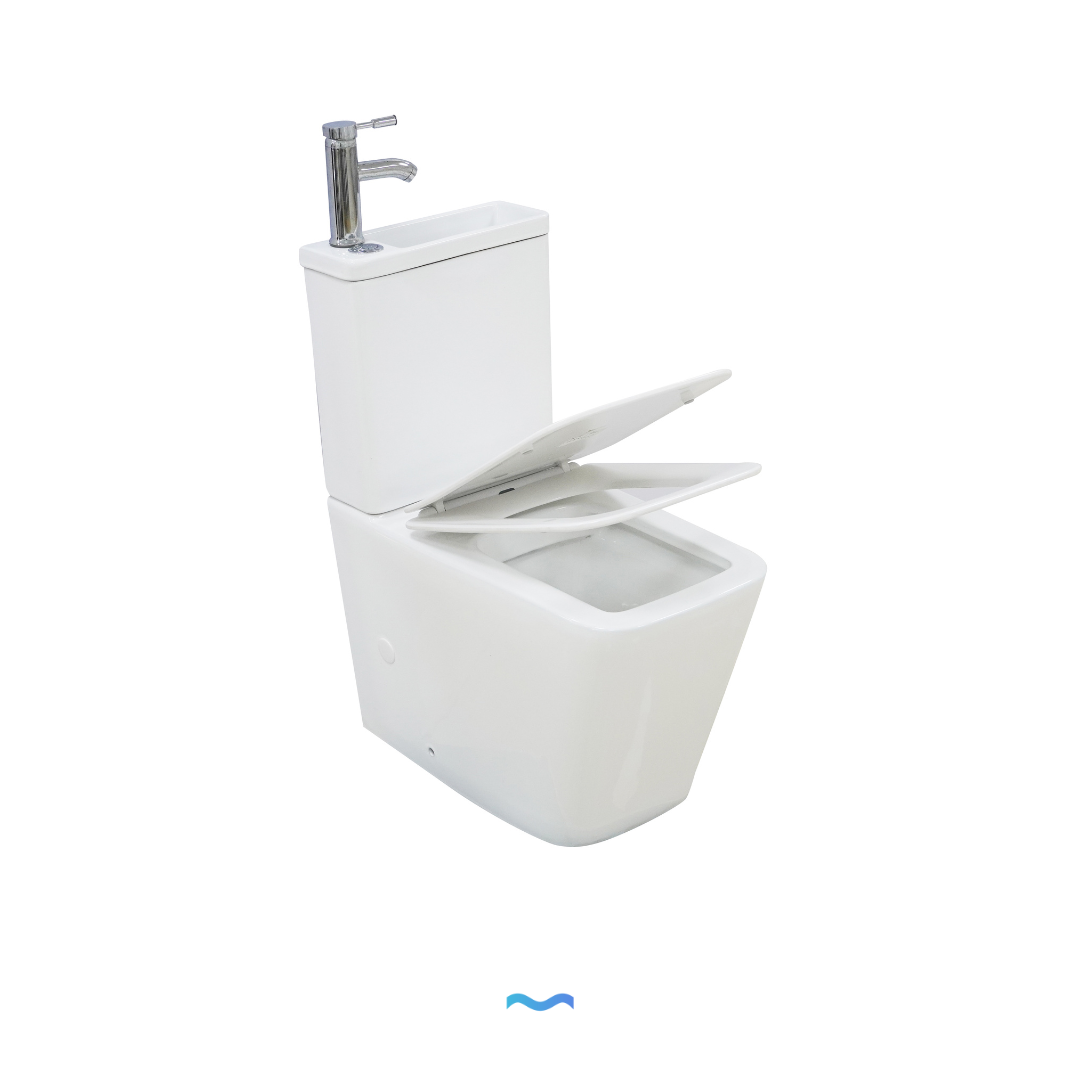 WC à poser avec lave-mains intégré et robinet blanc