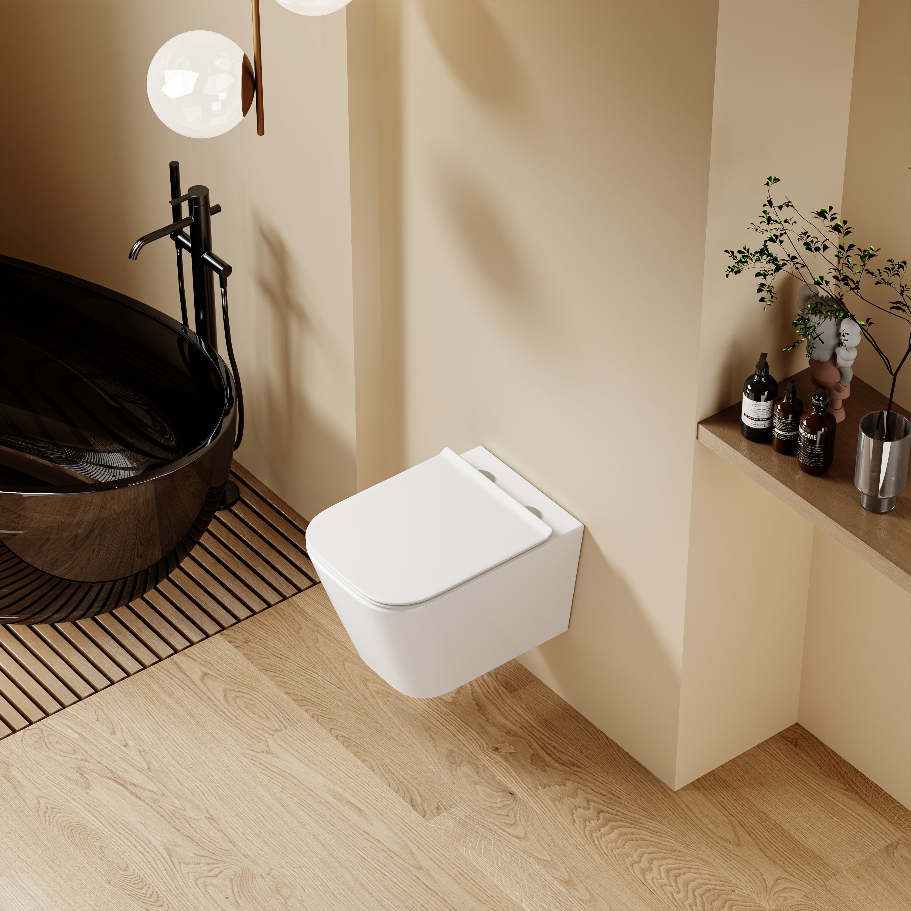 WC suspendu blanc LUNE aux formes carrées et arrondies, avec abattant Soft Close.