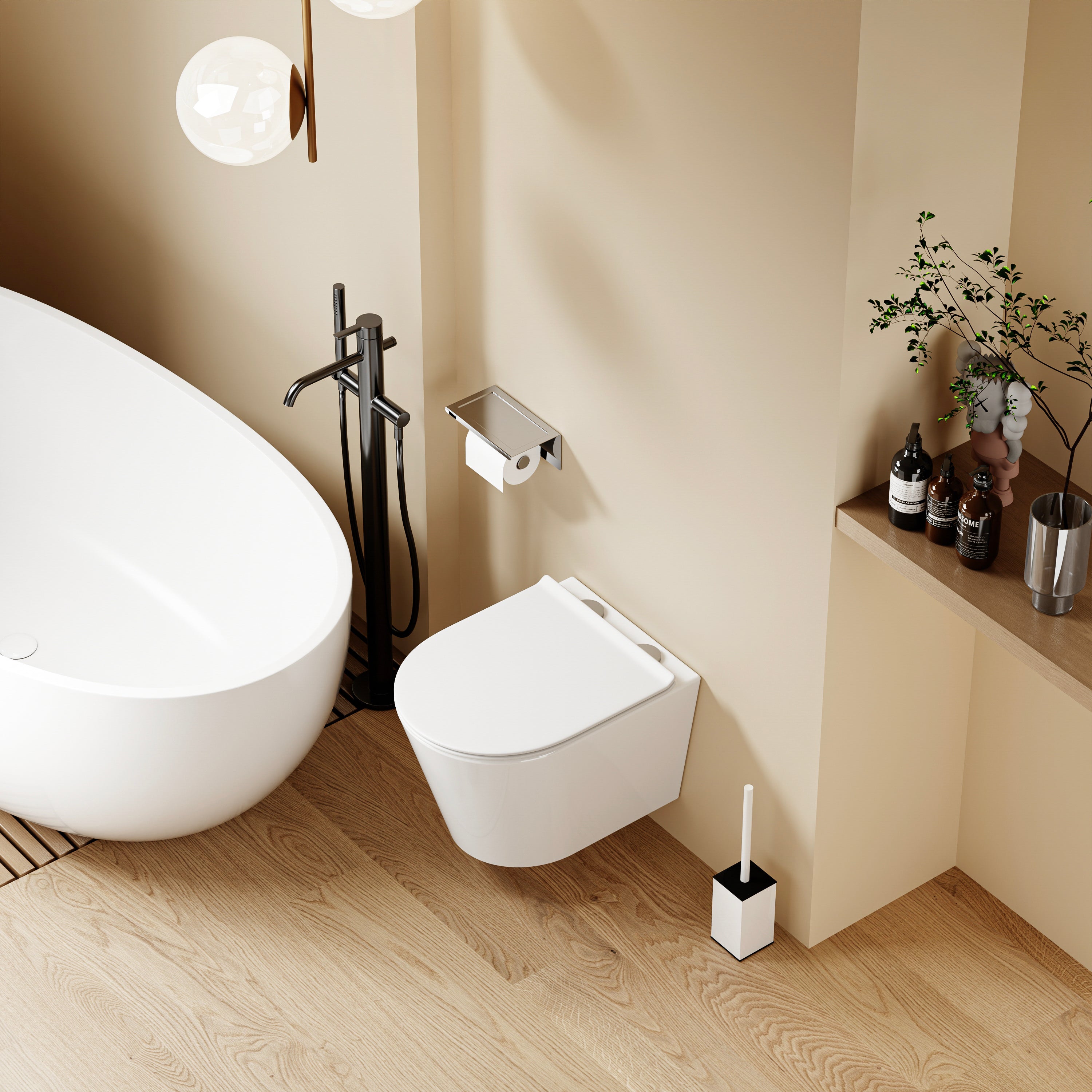 WC suspendu blanc SOLEIL moderne, design épuré, dimensions 49x36,5x32 cm, avec abattant Soft Close.