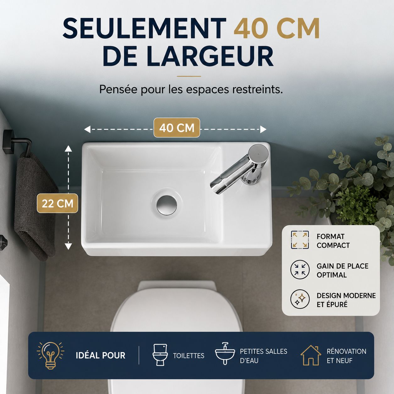 Lave-mains petit format blanc avec robinet de salle de bain, idéal pour rénovation et espaces restreints.