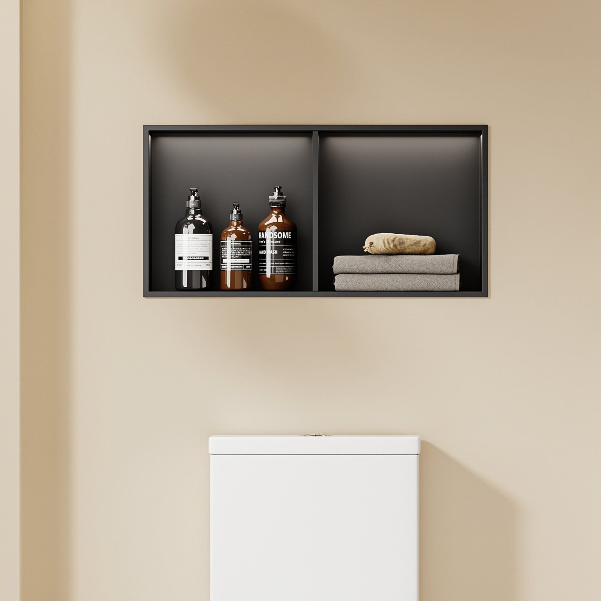 Niche de douche double noire 60x30x12 cm avec bouteilles de savon et serviettes