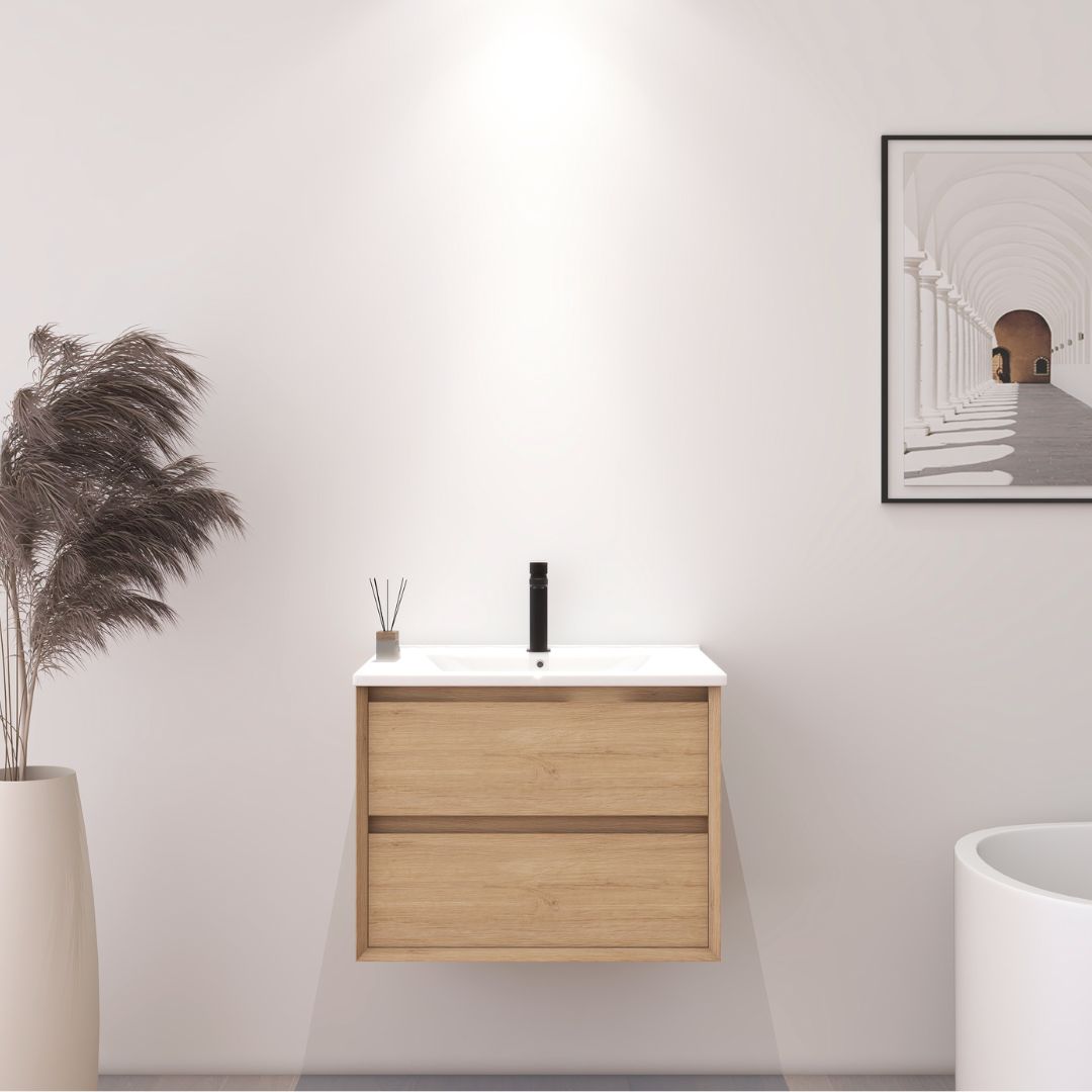 Meuble de salle de bain flottant en bois clair de 60 cm avec deux tiroirs et lavabo blanc