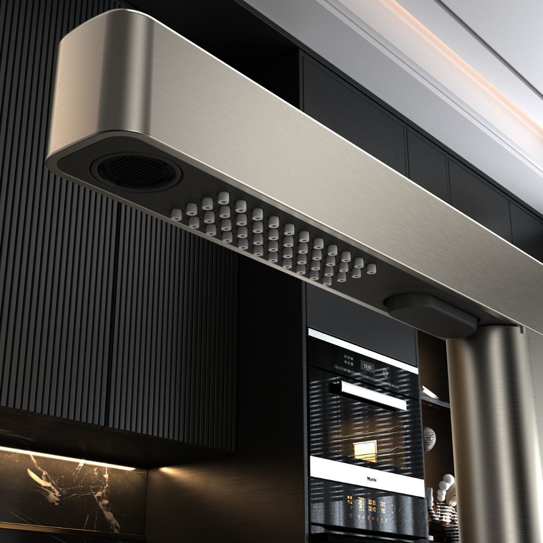 Robinet moderne multifonction gris métalisé : Robinet de cuisine gris métallisé brossé au design épuré et moderne avec pomme de douche intégrée.