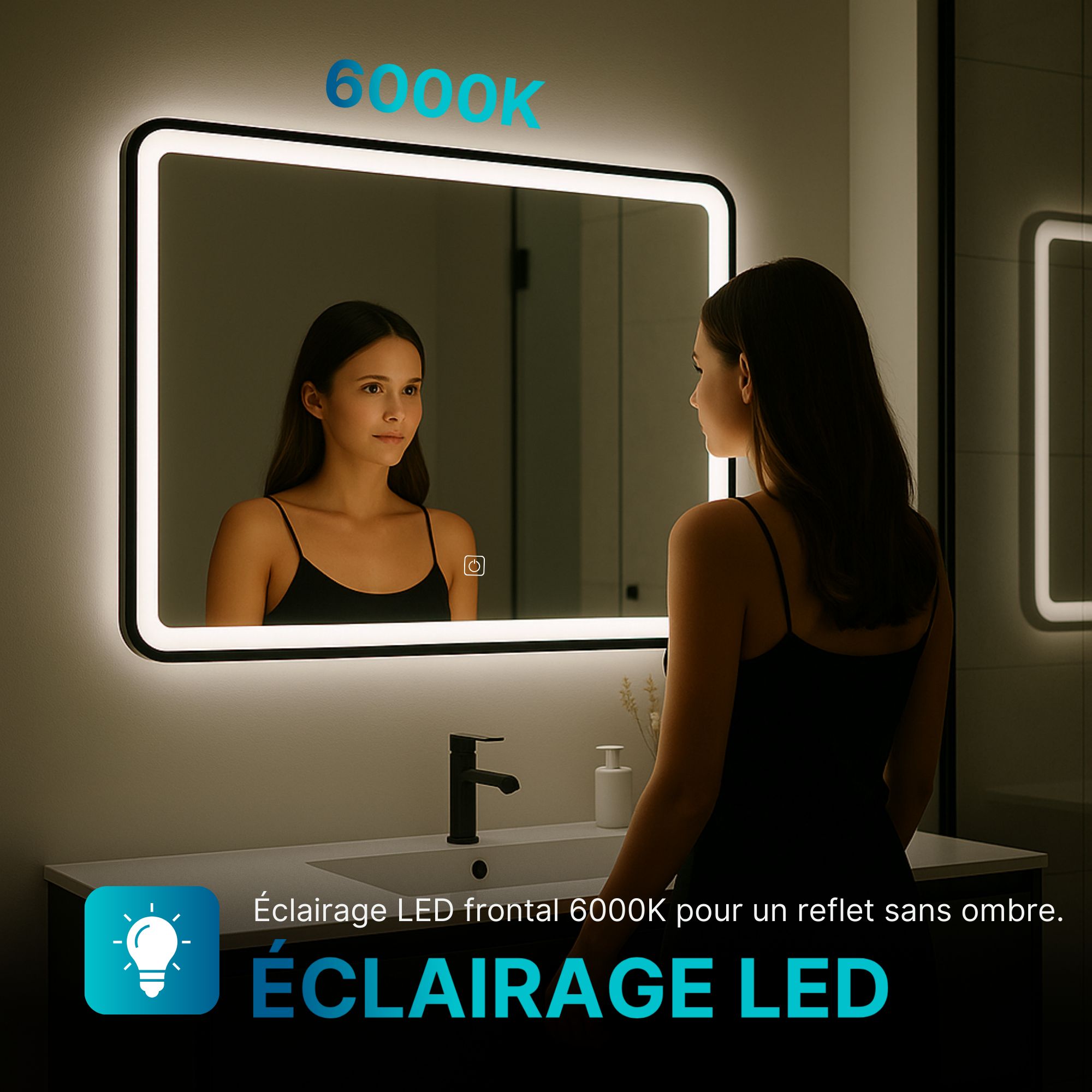 Miroir LED 60x80 cm avec cadre alu noir: Éclairage LED frontal 6000K pour un reflet sans ombre.