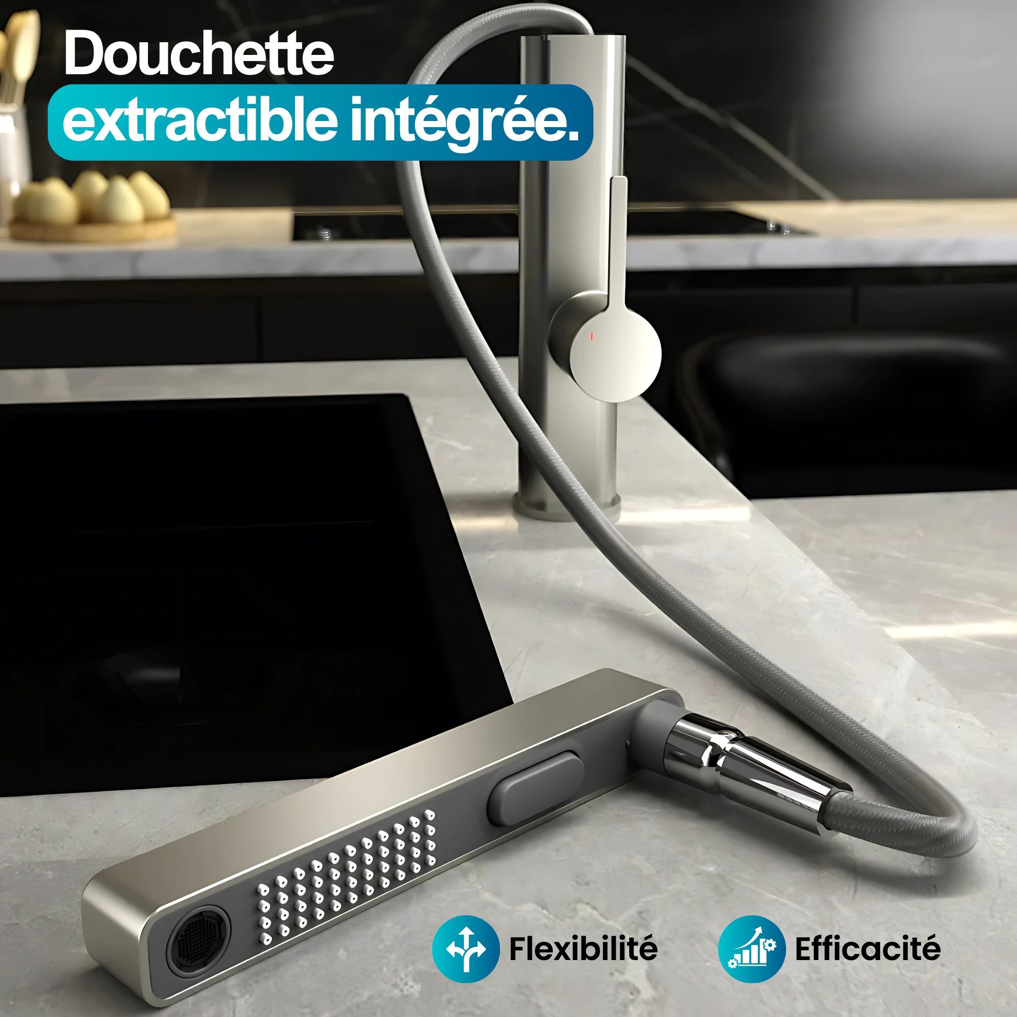 Robinet moderne multifonction gris métalisé: robinet de cuisine avec douchette extractible intégrée, finition métal gris, flexible et efficace.