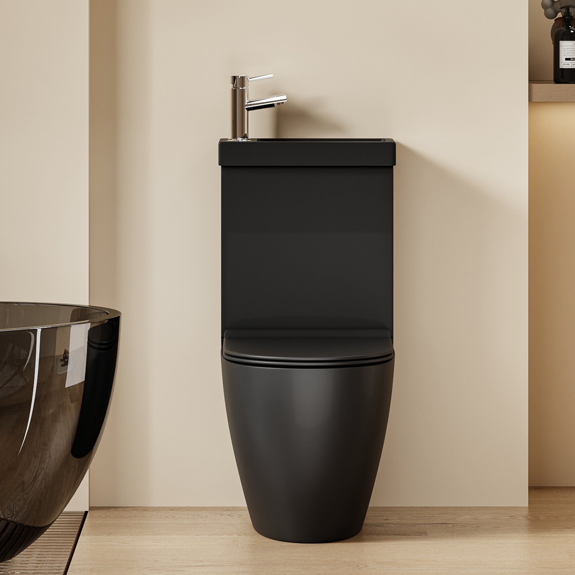 WC 2 en 1 Noir : Ensemble WC et lavabo combiné noir moderne au design épuré et arrondi.
