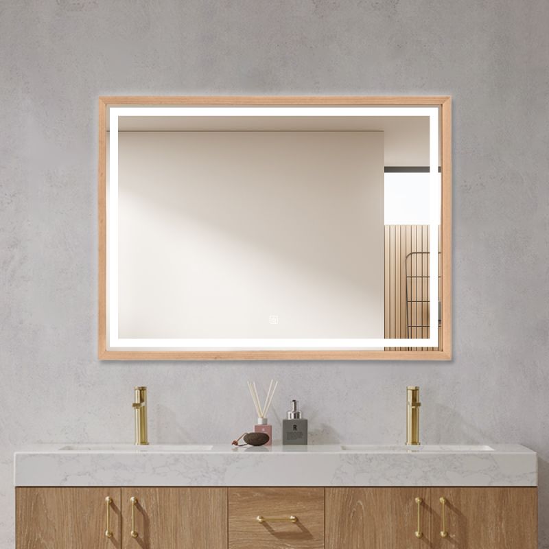 Miroir mural LED avec cadre bois: Élégant miroir de salle de bain rectangulaire avec éclairage LED intégré et cadre en bois.